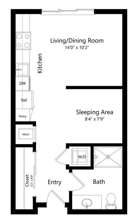 a 2D floorplan of the studio August at The Conrad in Omaha, NE 68105